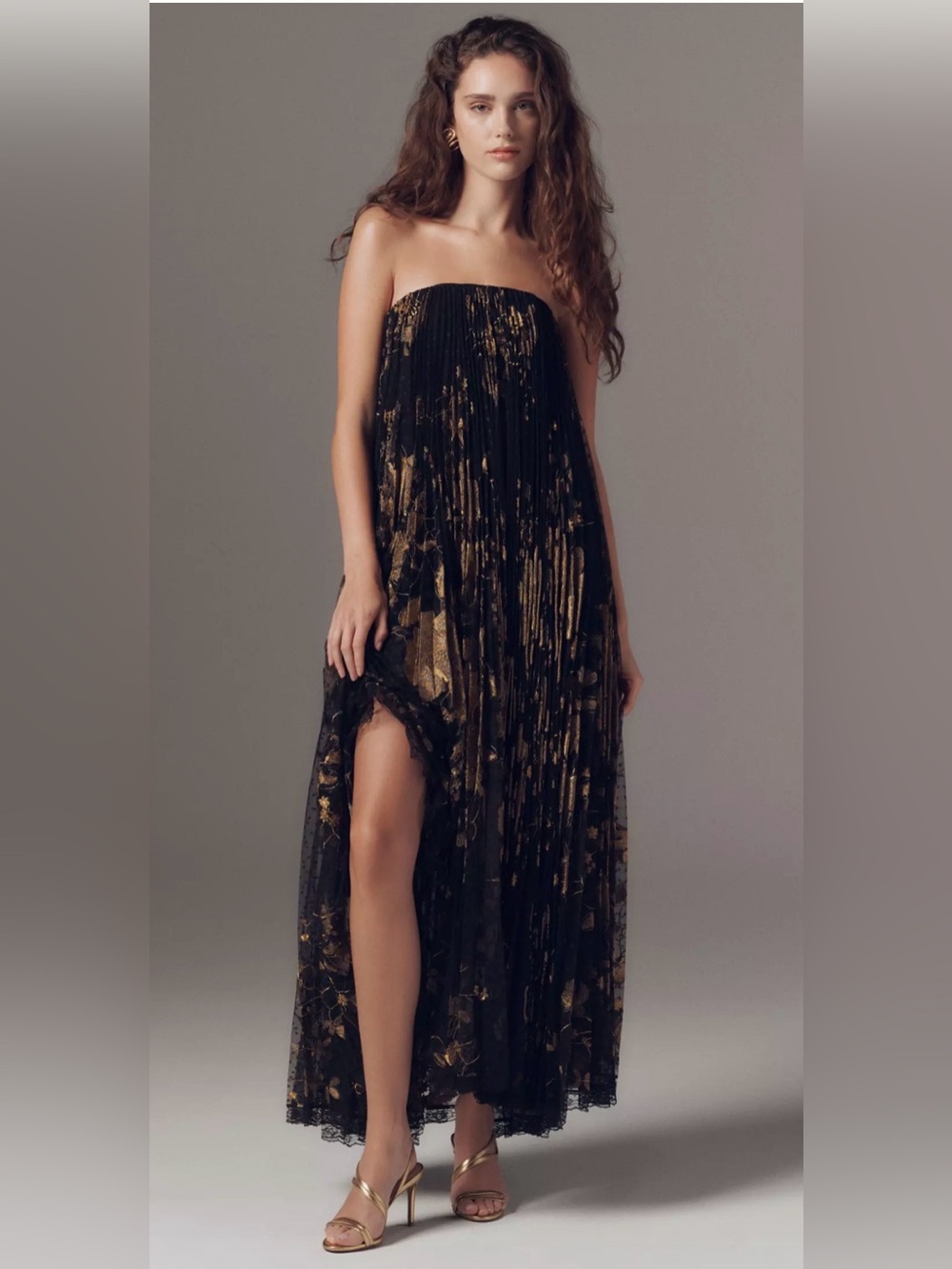 Helsi Delphine Metallic Floral Pleated Strapless Gown Black Gold Medium NWT - Picture 5 of 15
